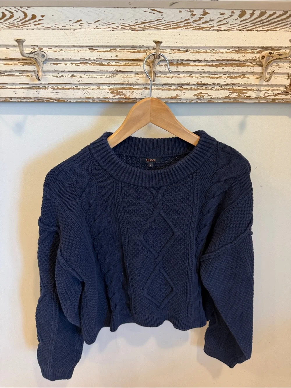 Quince 100% Organic Cotton Cropped Cable Crew Sweater‎ Size Large